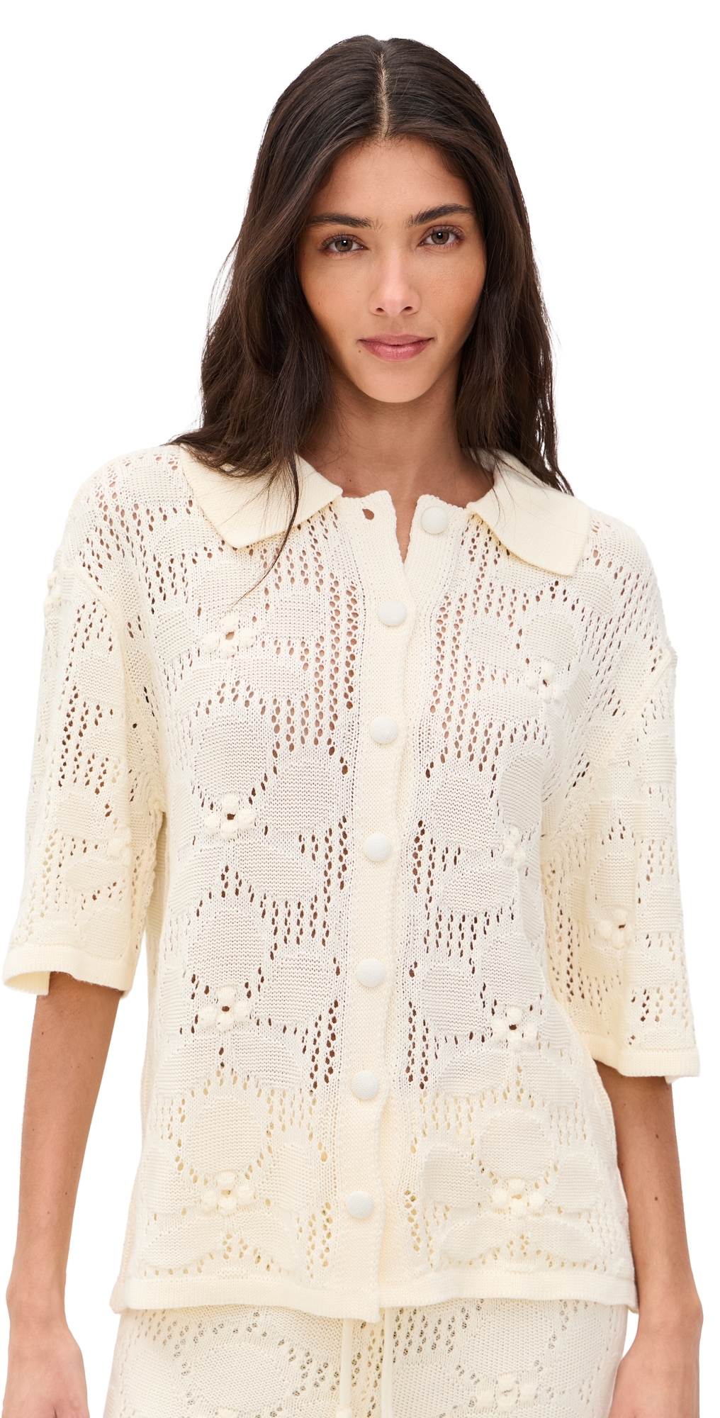 Floral Crochet Short Sleeve Shirt Beige Shell