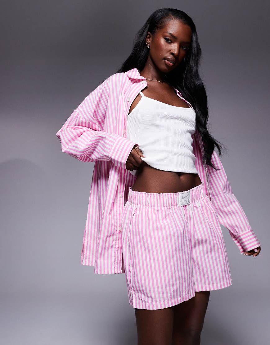 Stripe poplin shorts in pink and white-Red