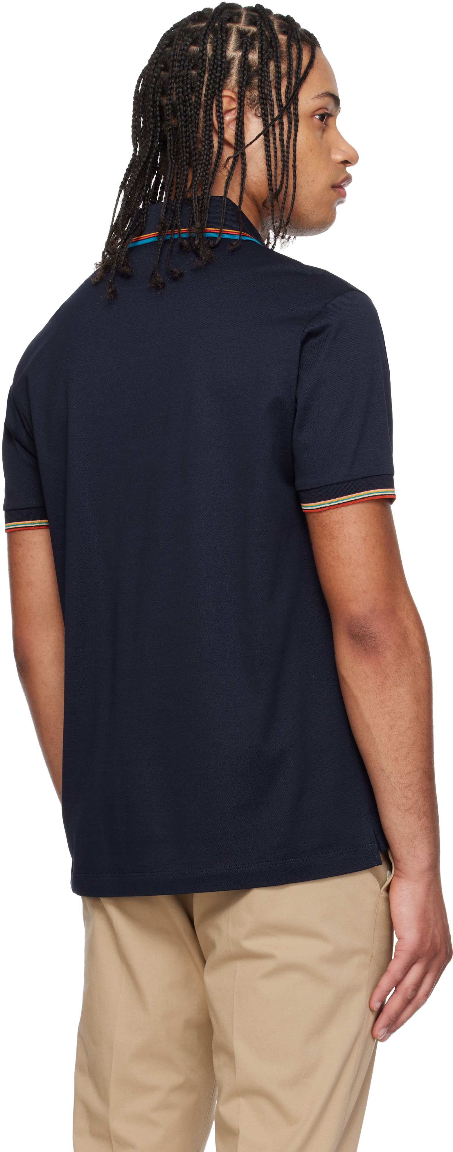 Navy Cotton 'Signature Stripe' Trim Zip Polo Shirt
