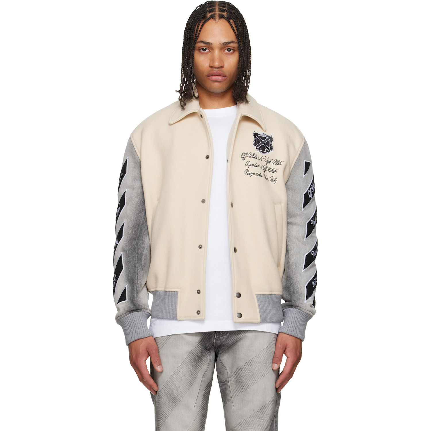 & Gray Wool Denim Relaxed Varsity Jacket