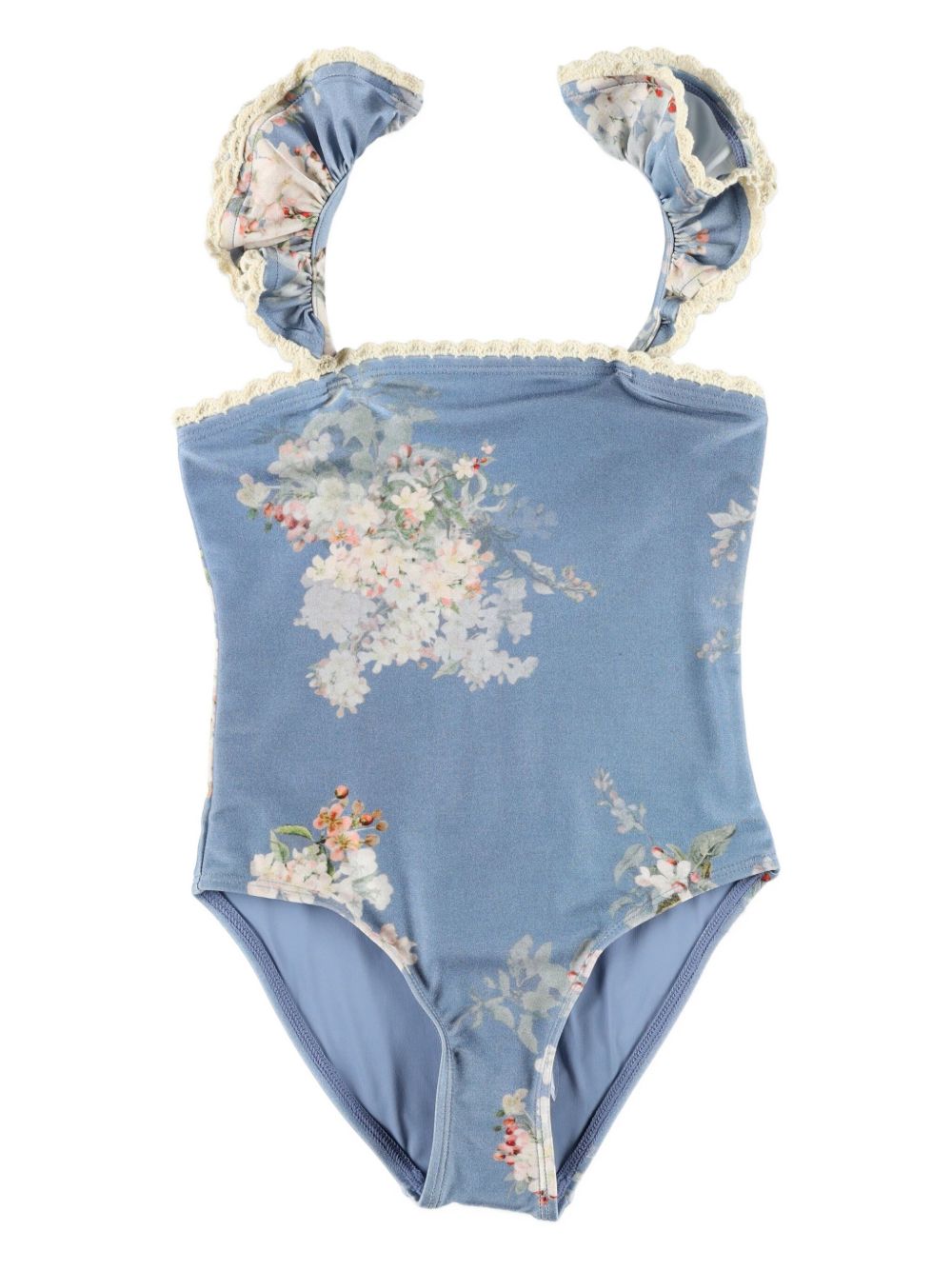 Ruffled floral-print swimsuit - Blue