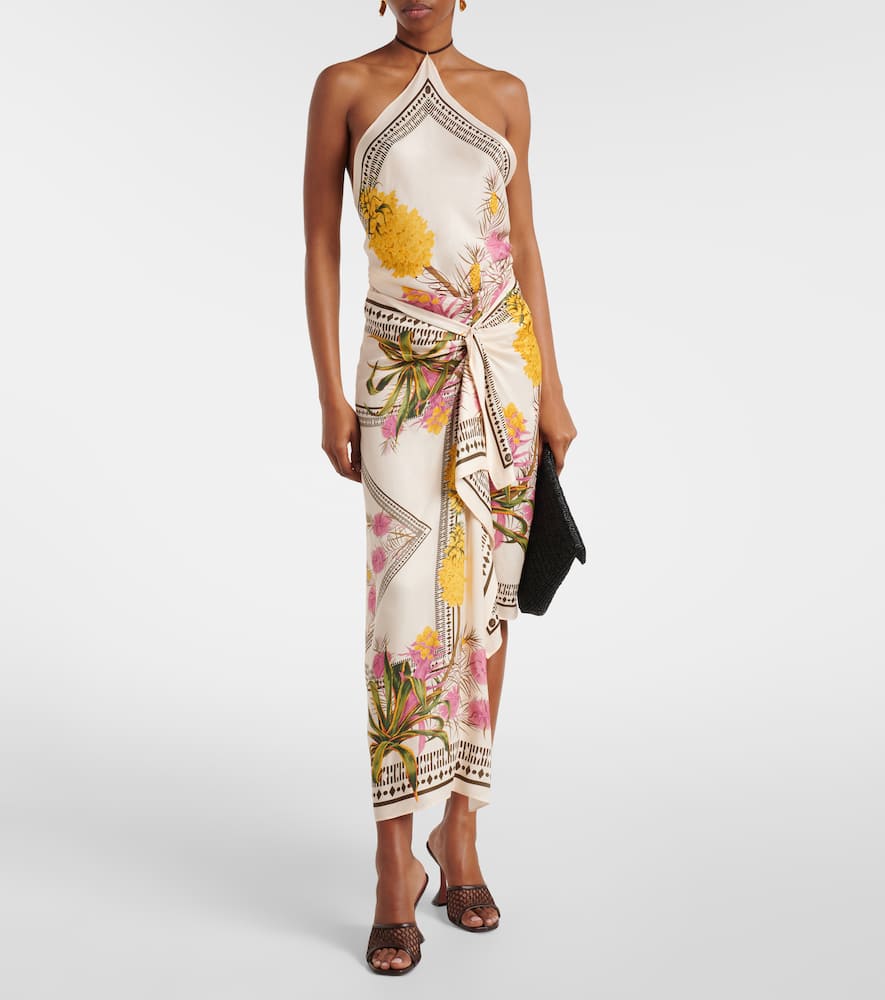 Asymmetric draped printed twill midi skirt