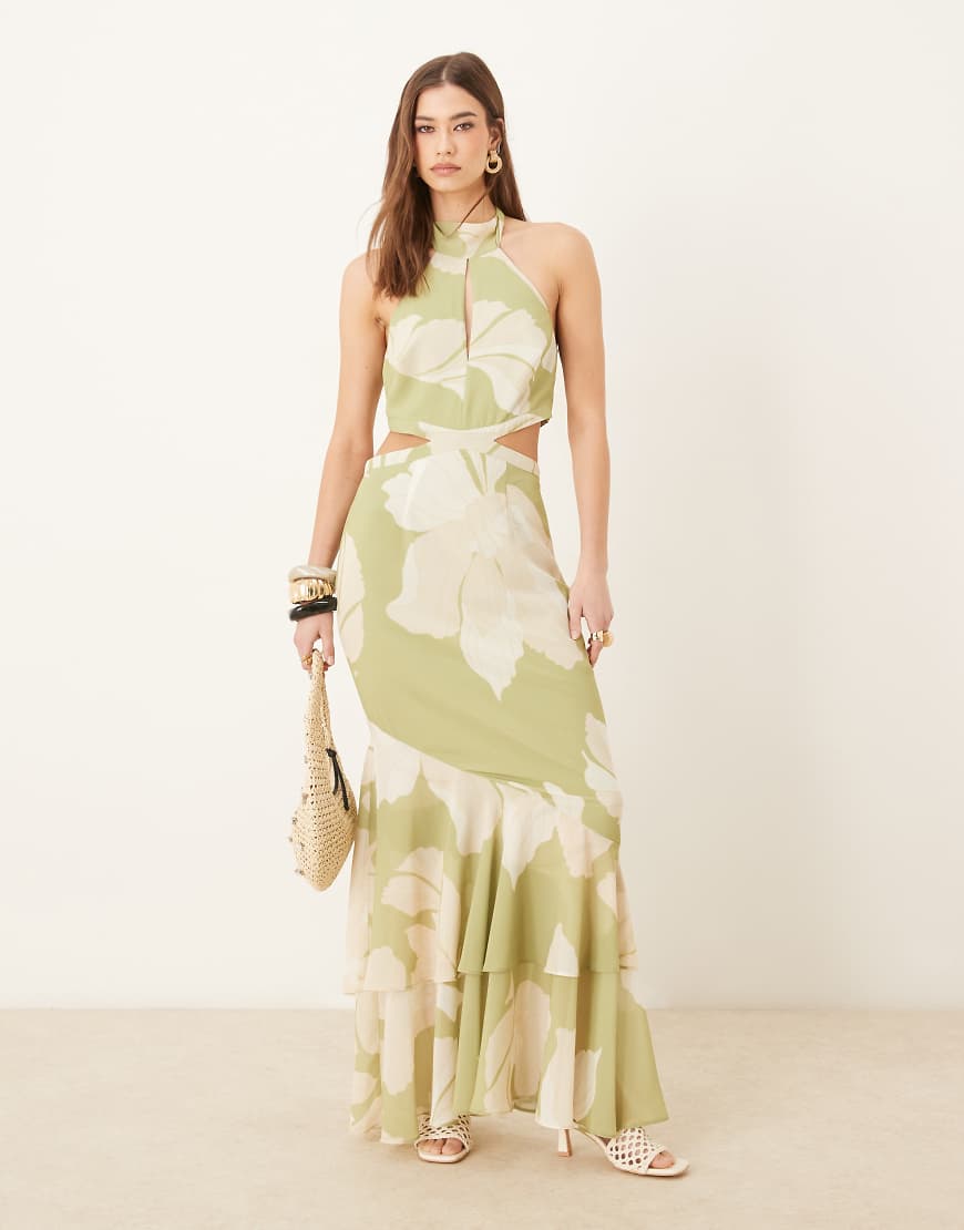 Pretty Lavish cut-out frill maxi dress in oversized olive floral-Multi