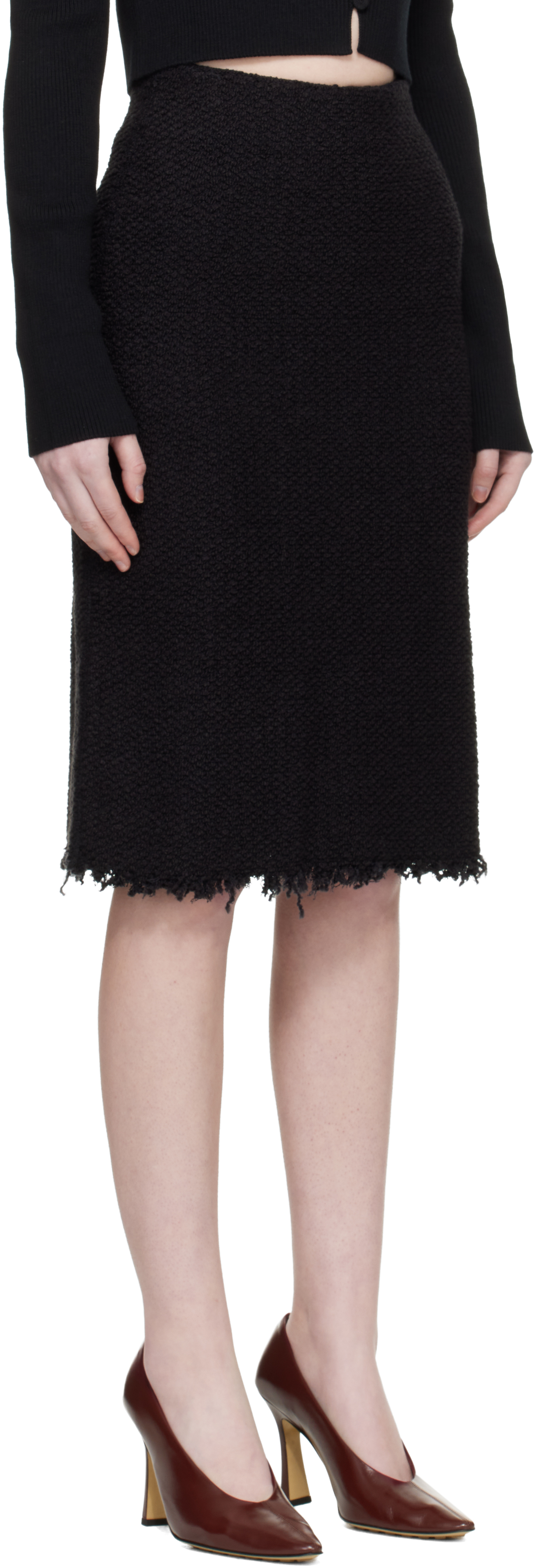 Black Frayed Edge Midi Skirt