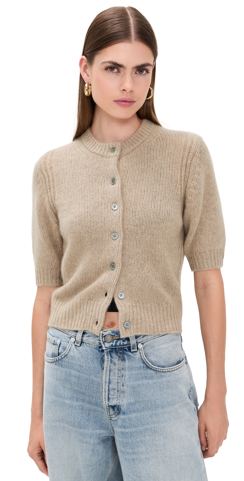 Cashmere Elbow Sleeve Cardigan Taupe Heather