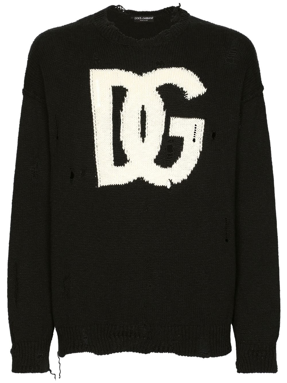 Ripped-detail intarsia-knit logo sweater - Black