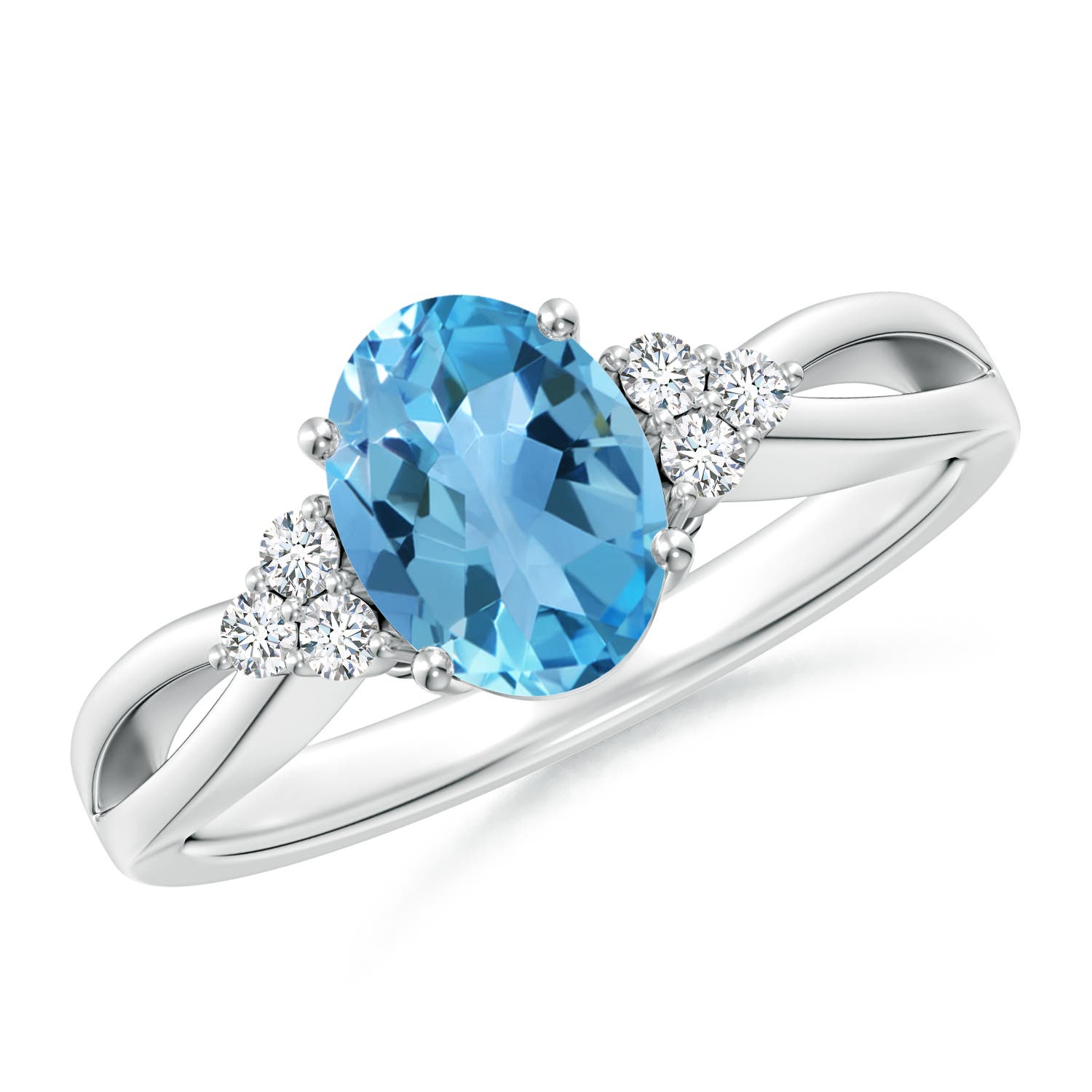 Angara 1.5 Carats Oval Swiss Blue Topaz Split Shank Ring with Trio Diamonds in Platinum
