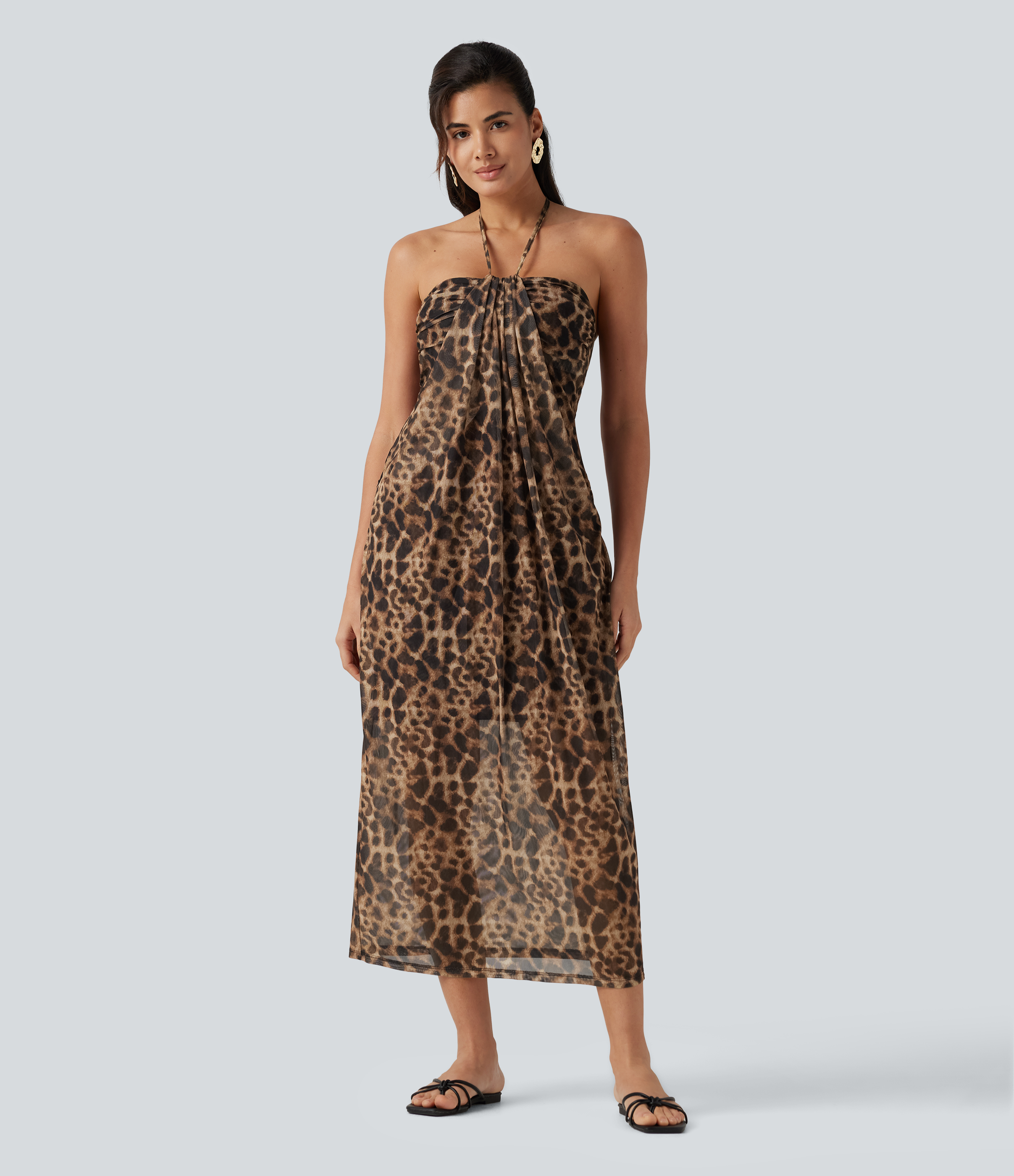 Halter Tie Back Built-in Bra Leopard Print Maxi Dress Casual Dress - Black Coffee Leopard Print