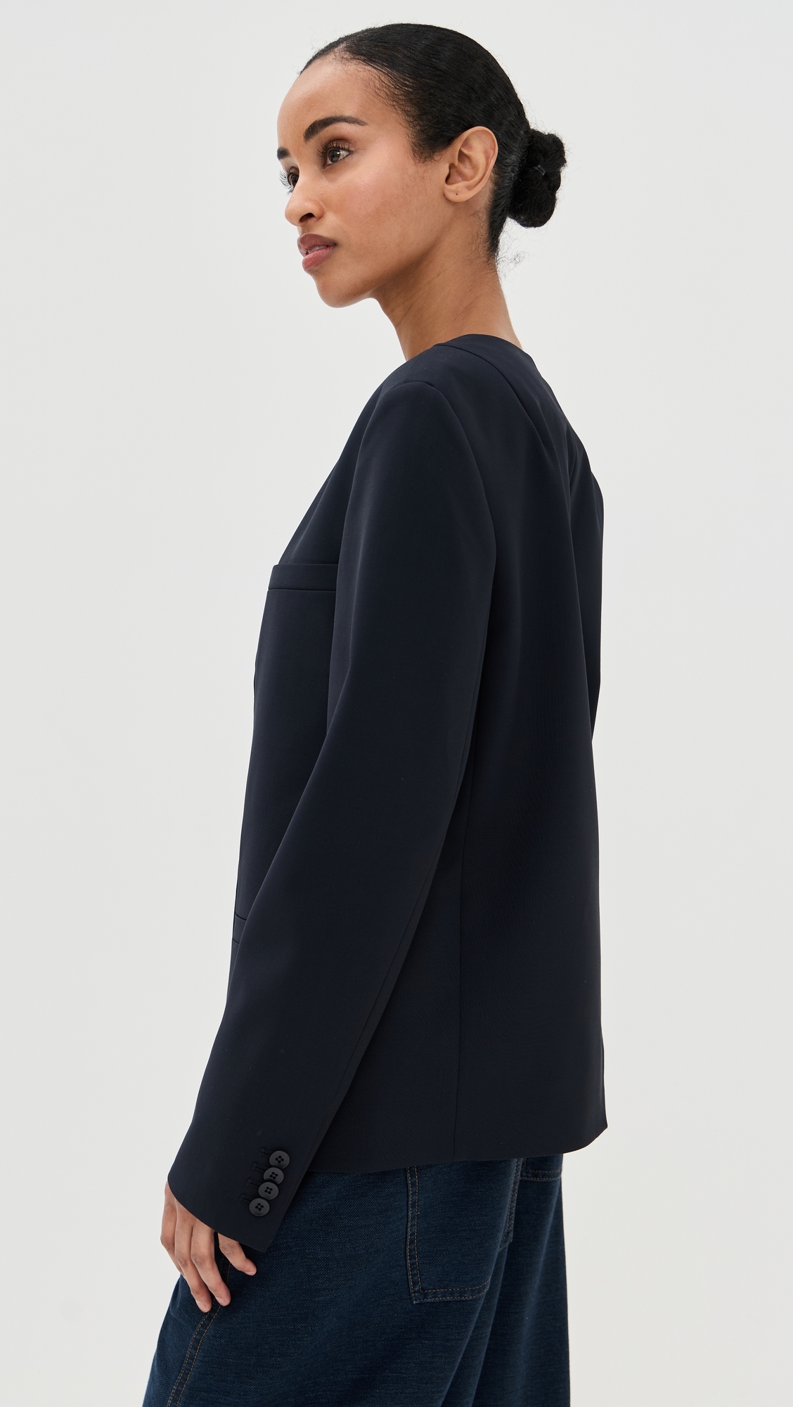 Tibi Tropical Wool Collarless Blazer Navy