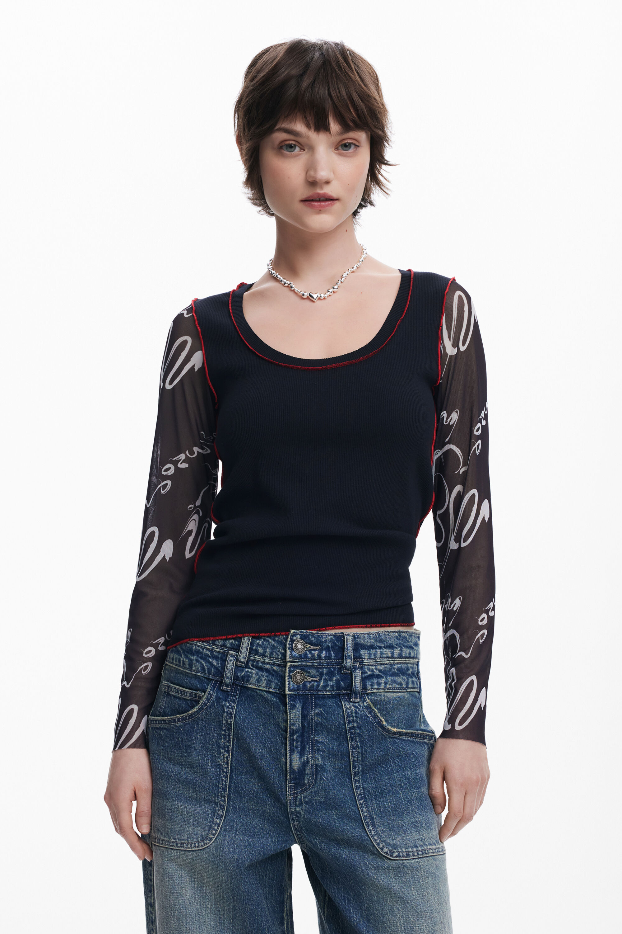 Lettering sleeve T-shirt