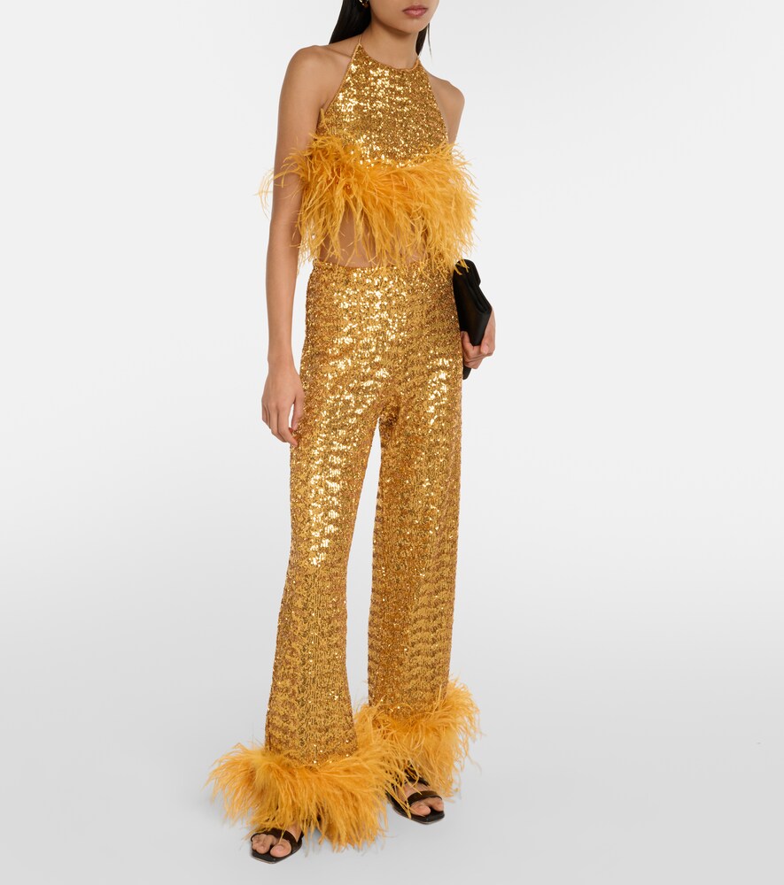 Oséree Paillettes Plumage embellished wide-leg pants