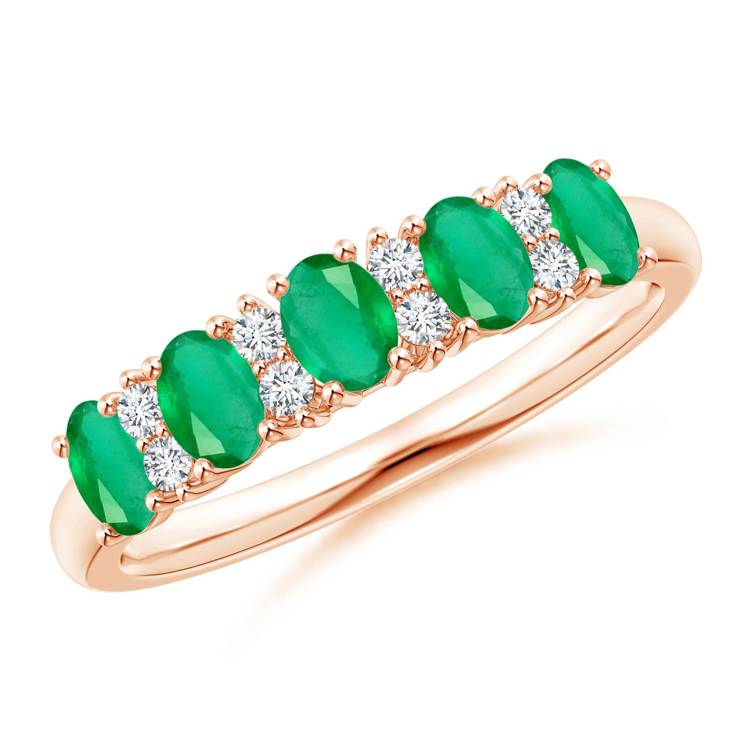 Angara 0.6 Carat Five Stone Emerald and Diamond Wedding Ring in 14K Rose Gold