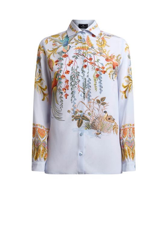 Silk Shirt With Placed Flora And Fauna Print