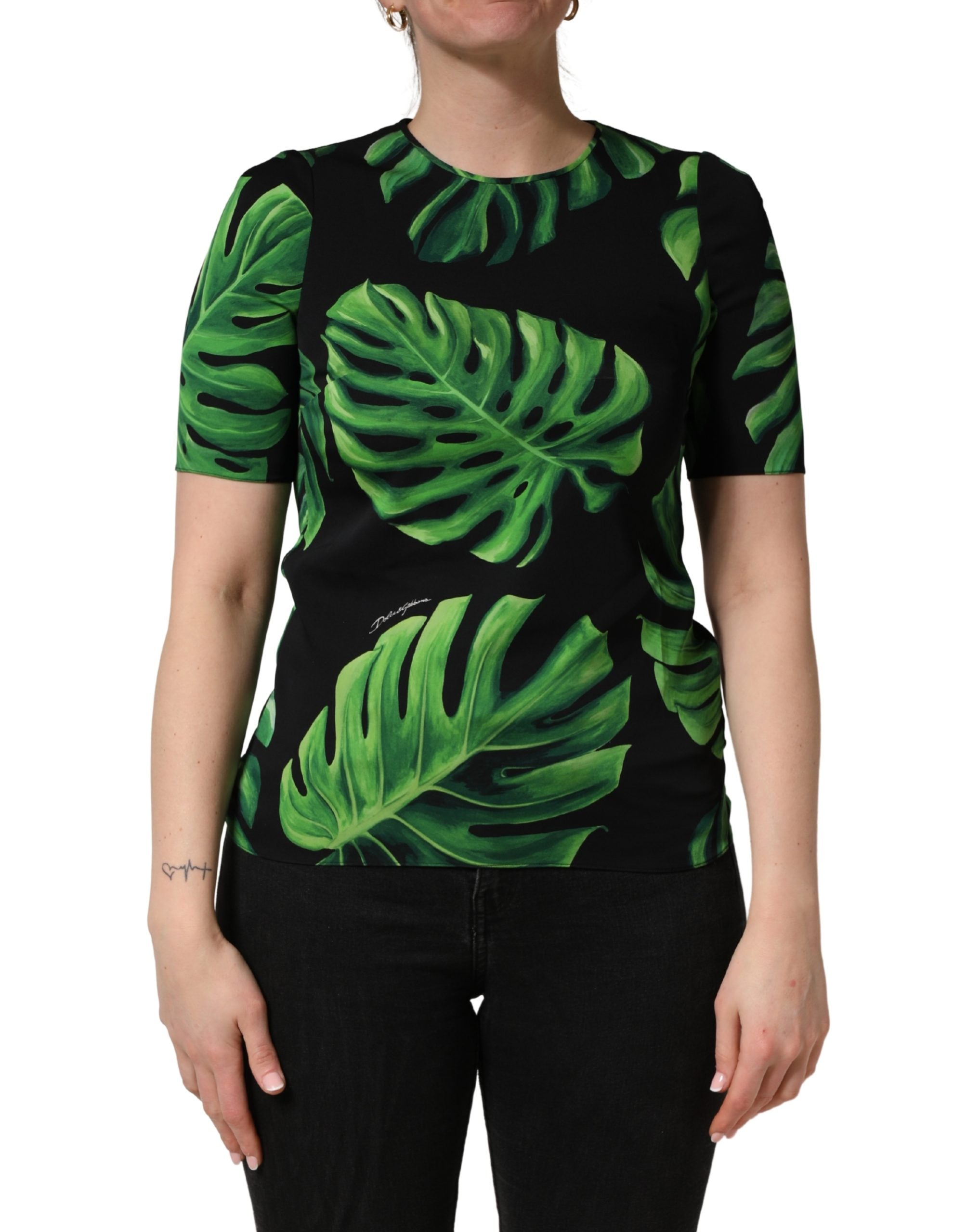 Philodendron-Print Silk Blouse — Black