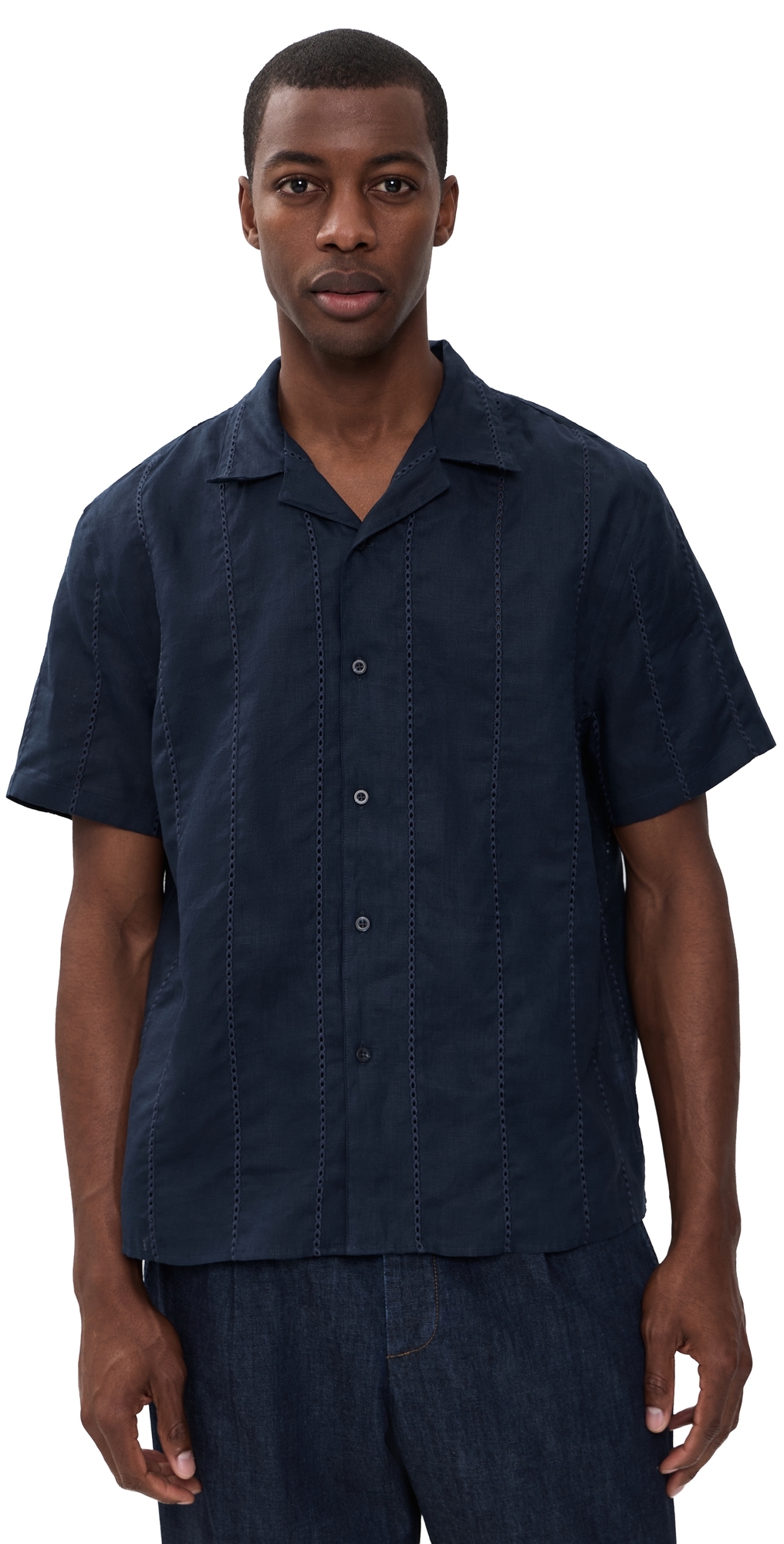 Linen Eyelet Stripe Short Sleeve Cabana Shirt Coastal