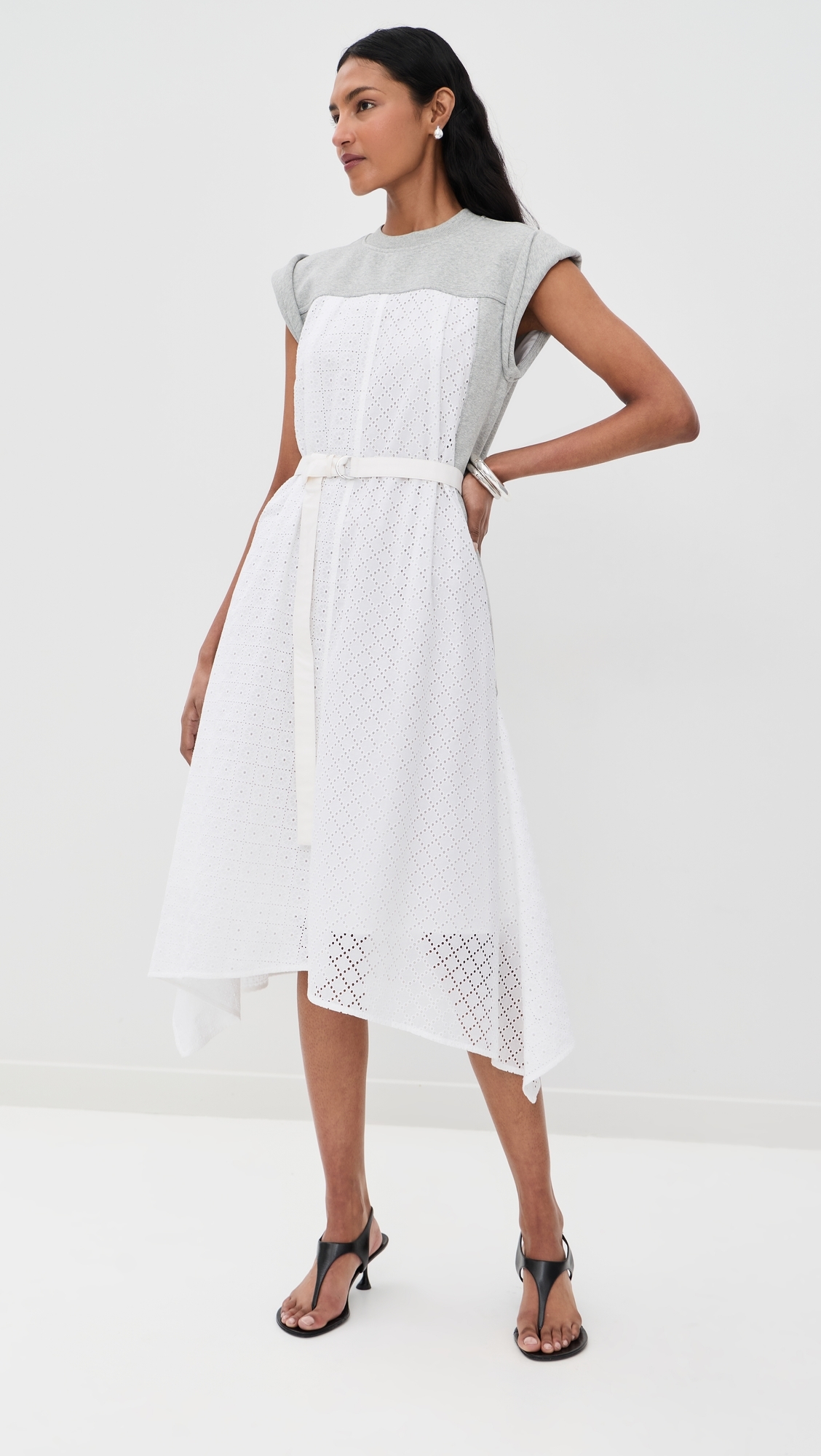 Sleeveless French Terry Midi Dress with Broderie Anglaise Lt Grey Melange/White