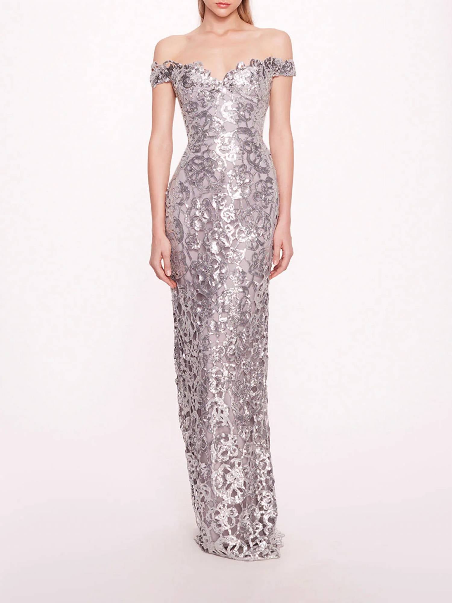 Organic Neckline Sequin Gown In Silver