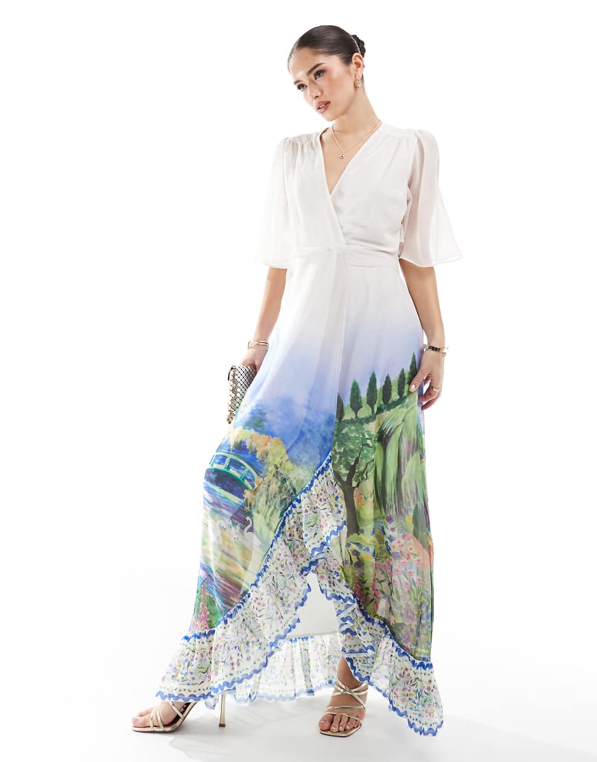 Hope & Ivy flutter sleeve maxi wrap dress with tie waist in white scenic print