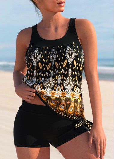 Modlily Tribal Print Wide Strap Black Tankini Set