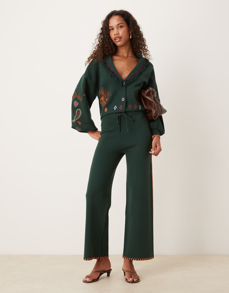 Safari embroidered knitted trouser co-ord in bottle green
