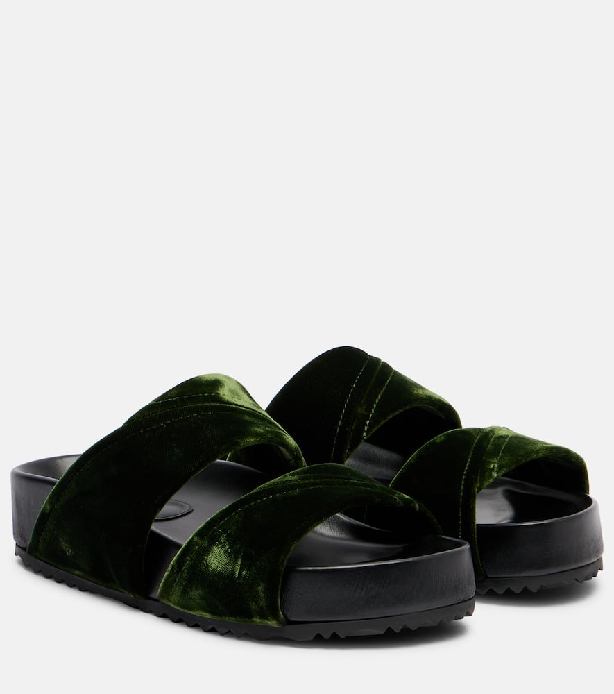 Leather-trimmed velvet slides