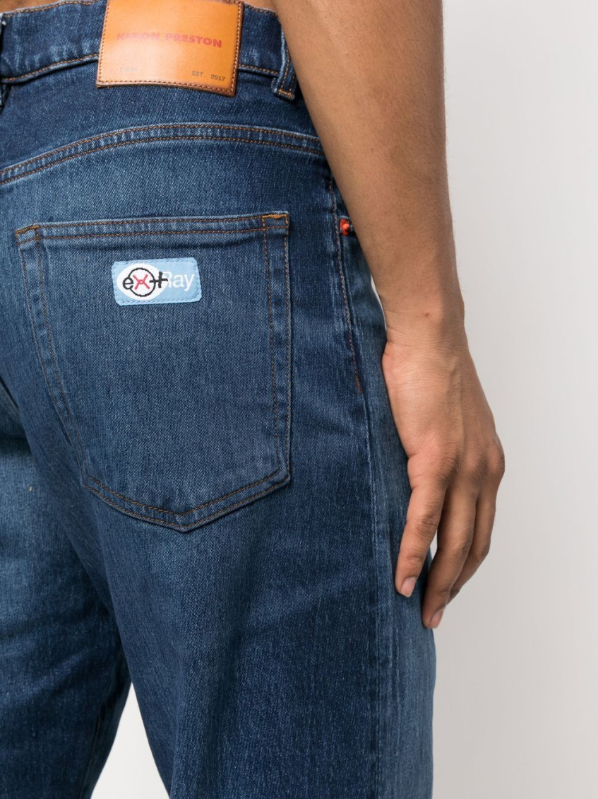Blue Denim Straight Leg Jeans With Logo Patch In Cotton Man