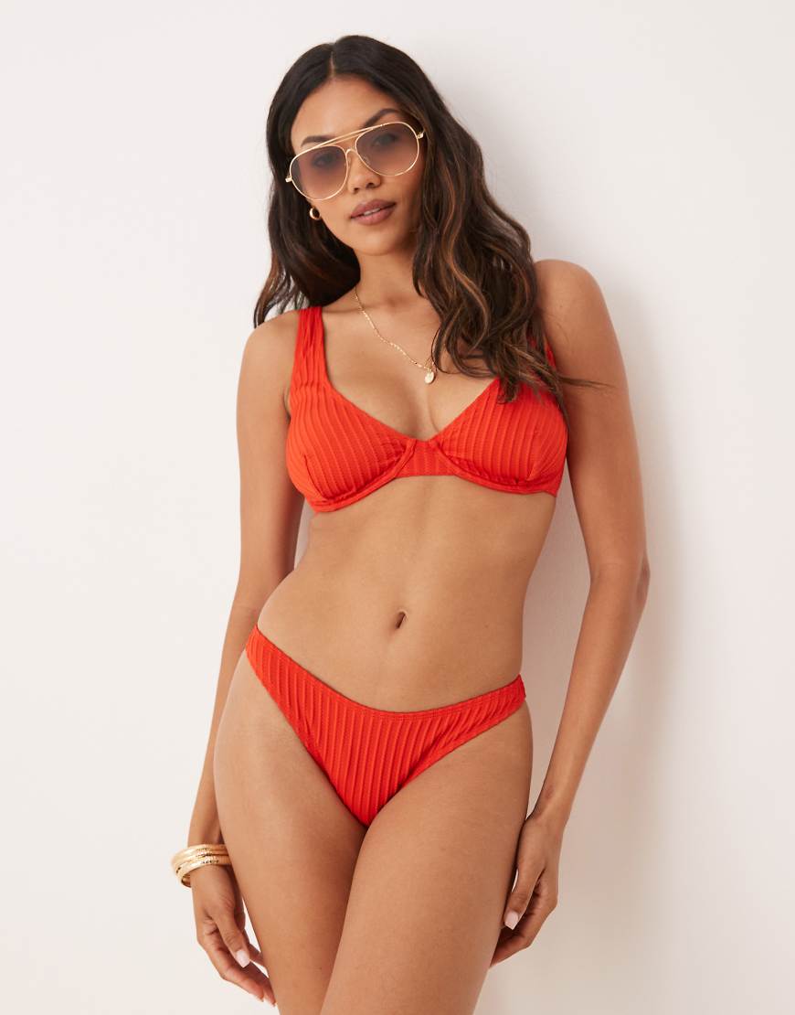ASOS DESIGN Riddy rib high leg cheeky bikini bottom in red-Pink