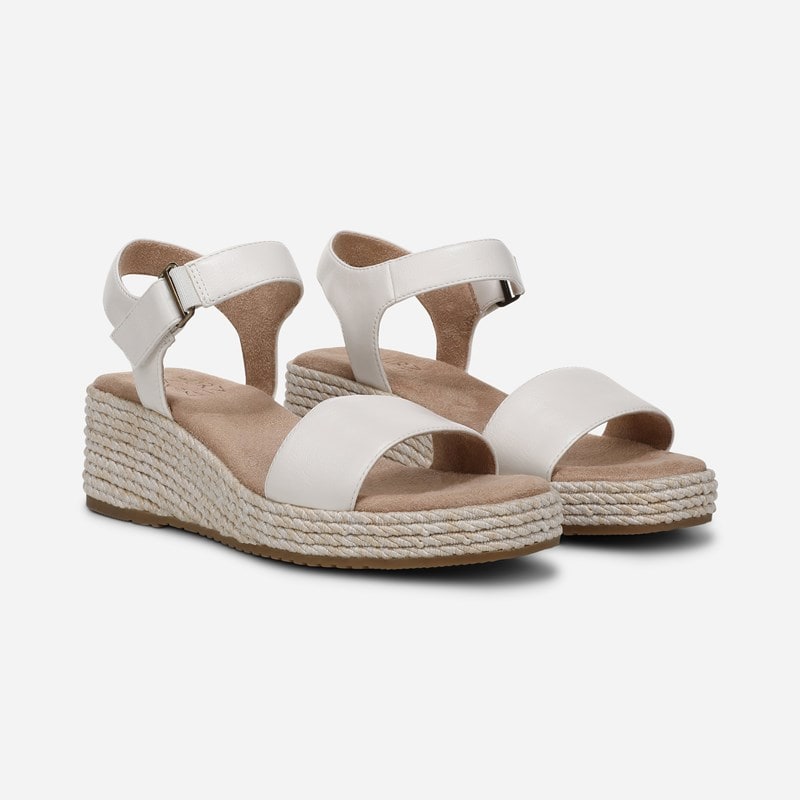 Goldie Wedge Sandals, Warm White Faux Leather Fabric