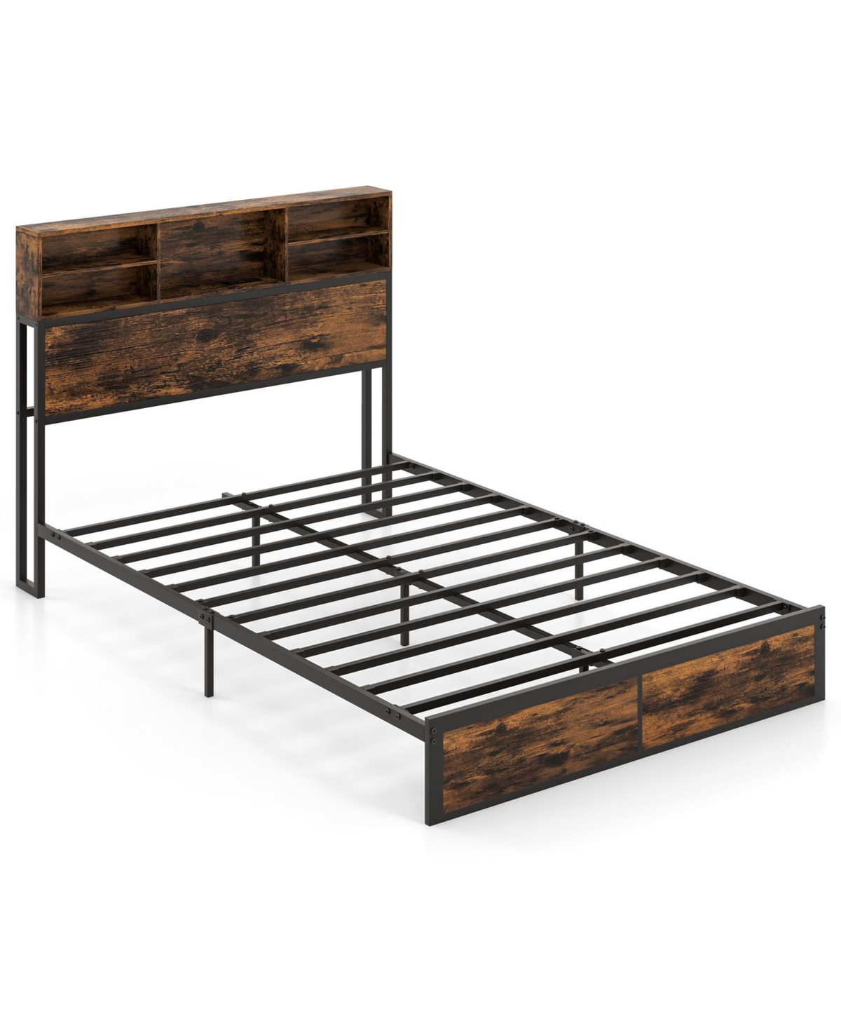 Metal Platform Bed Frame with Storage Headboard, Industrial Style Bedroom Furniture - Rustic Brown