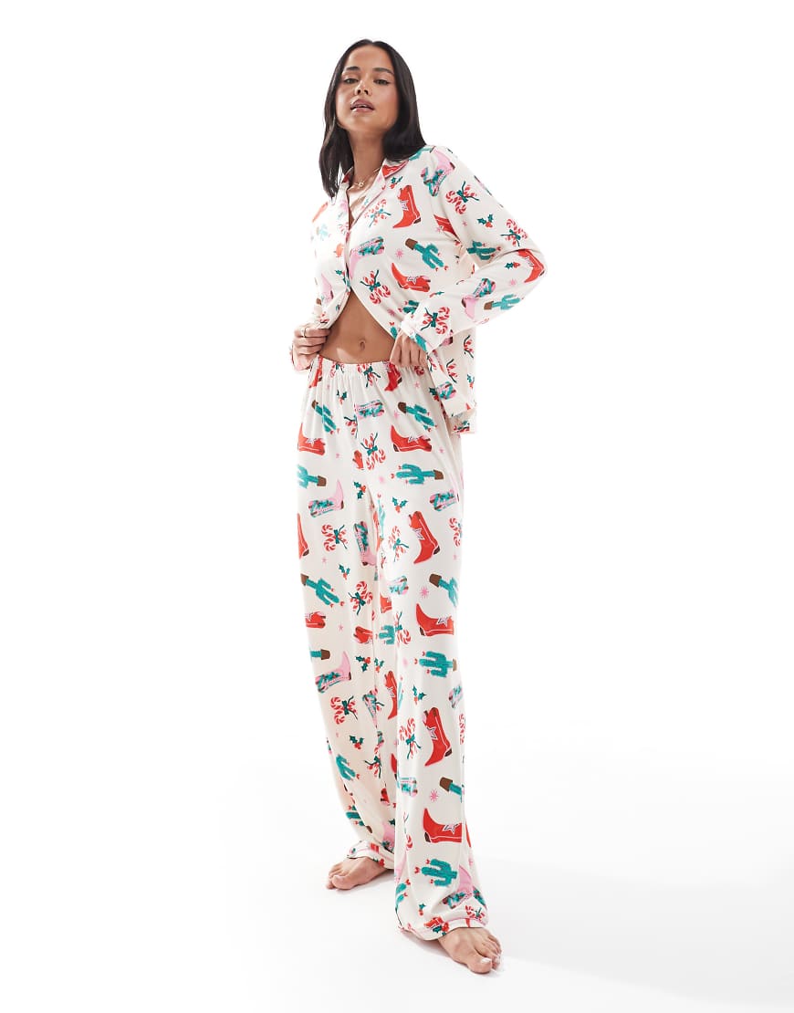 Christmas long sleeve revere and trouser pyjama set in cowboy print-Multi