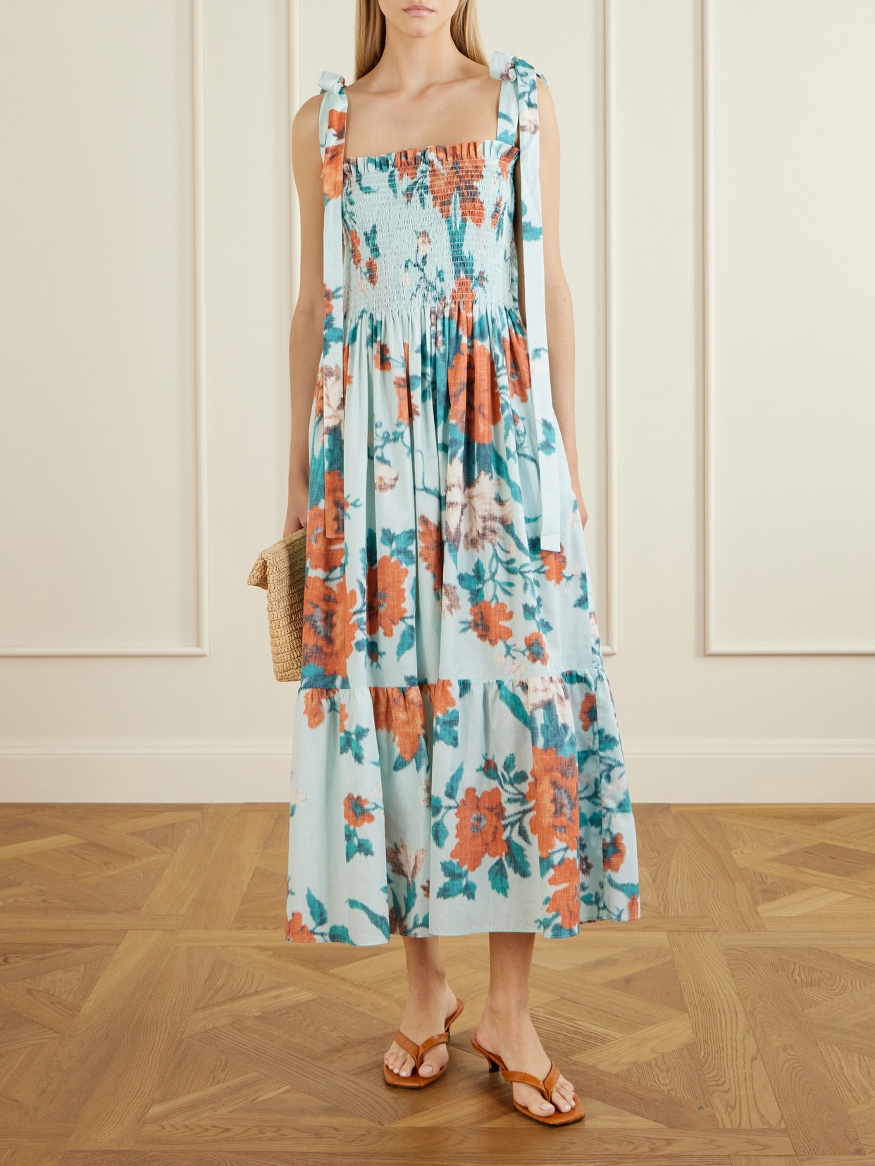 Shirred Floral-print Cotton Midi Dress - Blue