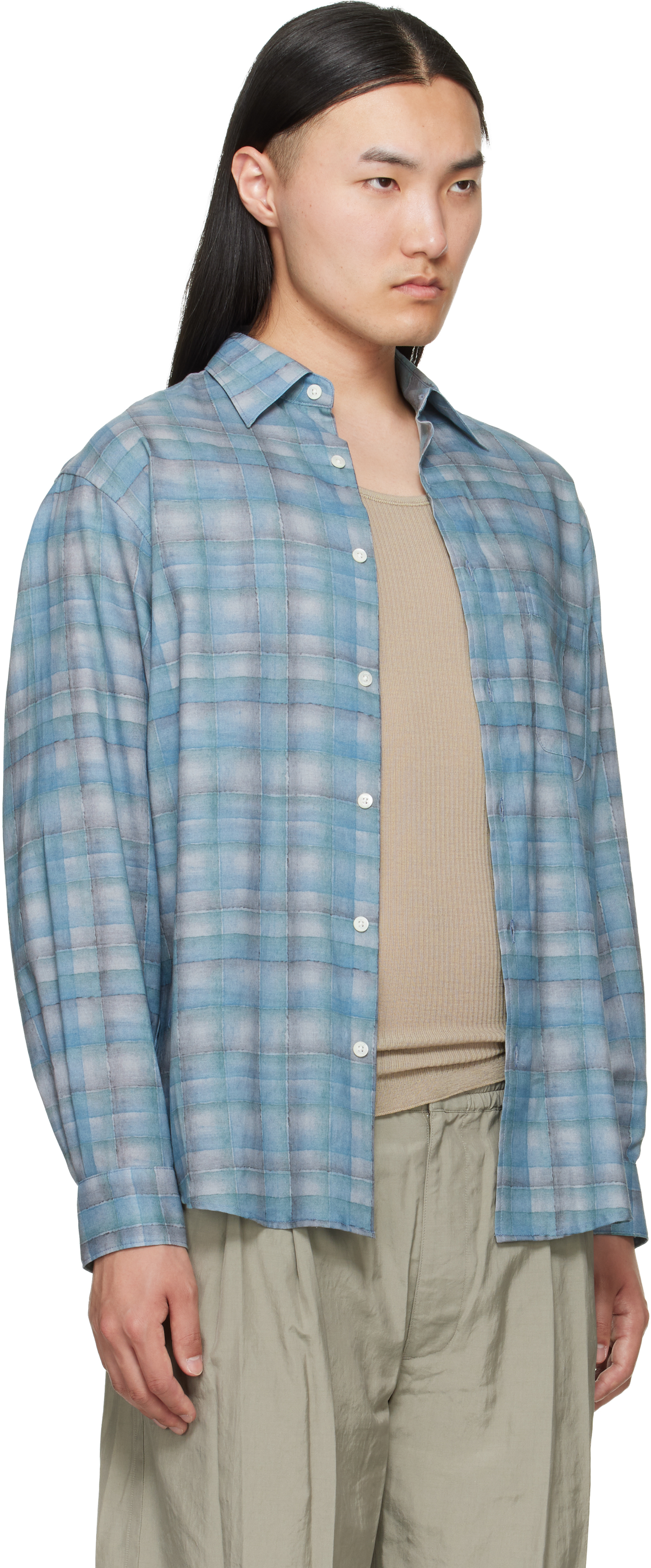 Blue Printed Plaid Cotton Lawn Shirt