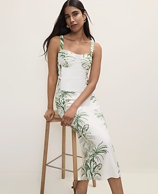 Ann Taylor Petite Palm Print Column Midi Skirt in Linen Blend
