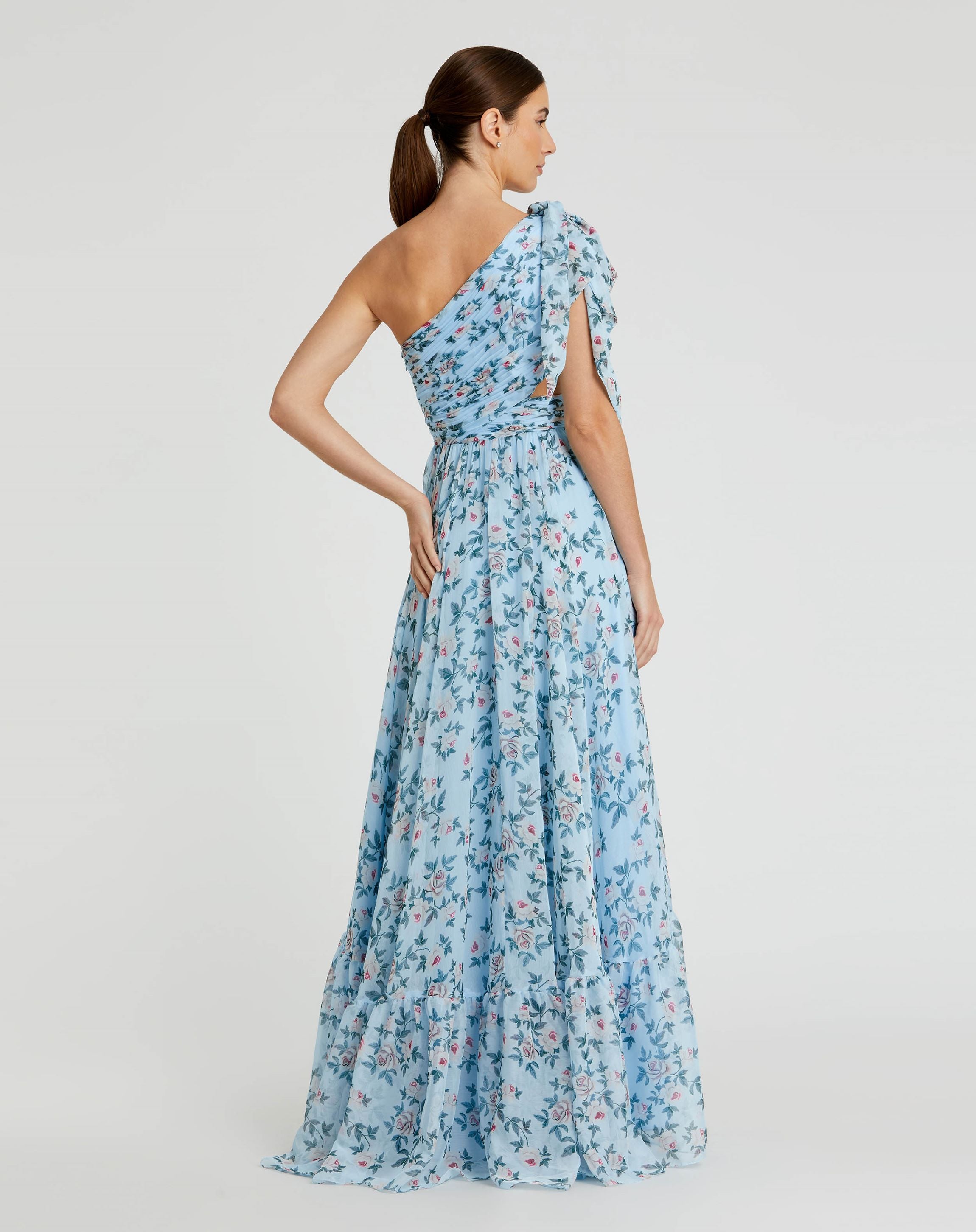 Blue Floral Chiffon One Shoulder Wedding Guest Maxi Gown In Aqua Multi