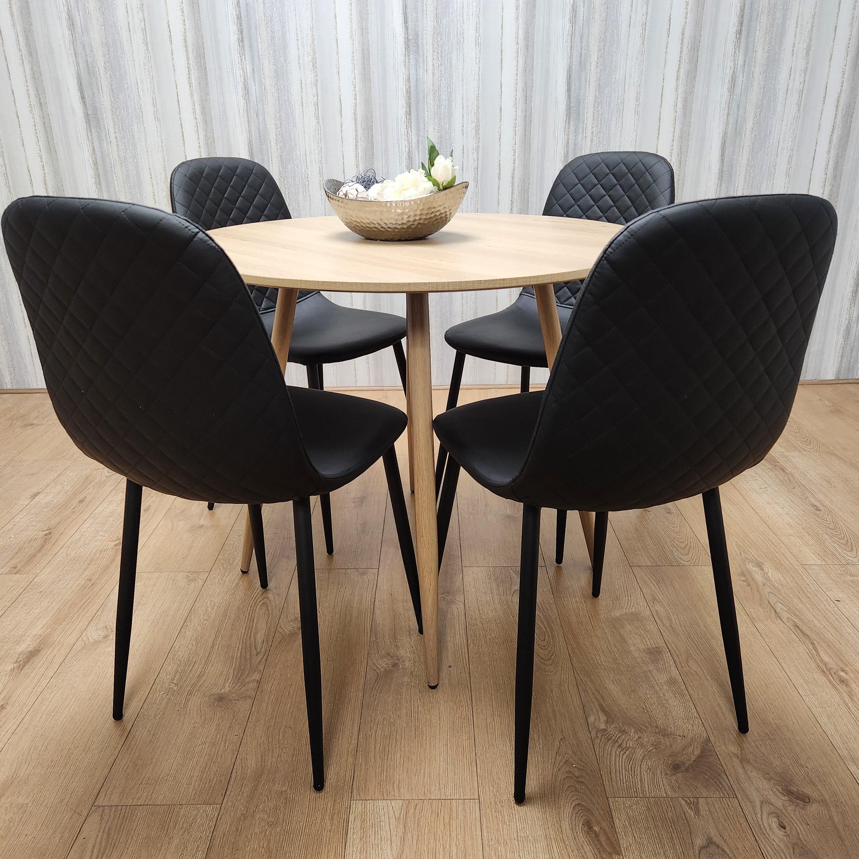 Round Oak Effect Kitchen Dining Table With 4 Black Faux Leather Padded Chairs Dining Set