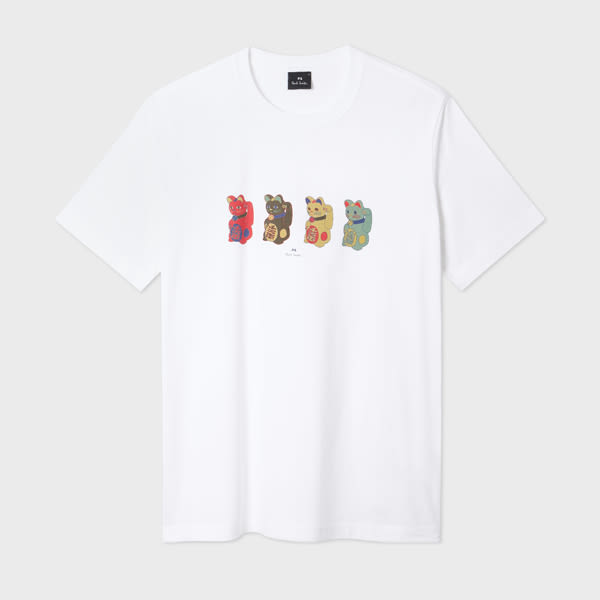 White 'Lucky Cats' Print T-Shirt