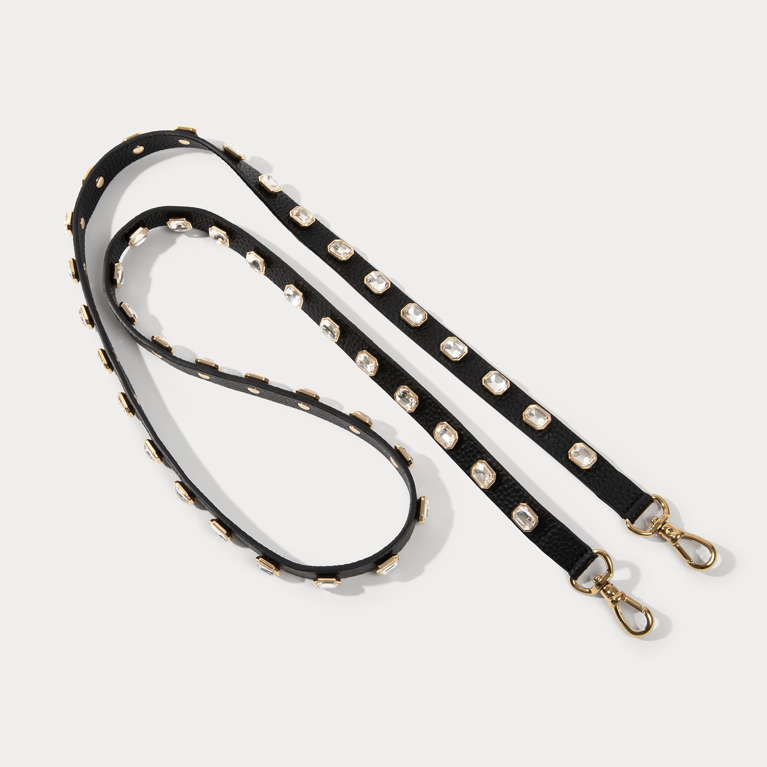 Eva Rhinestone Crossbody Strap in Black/Gold | Genuine Leather |