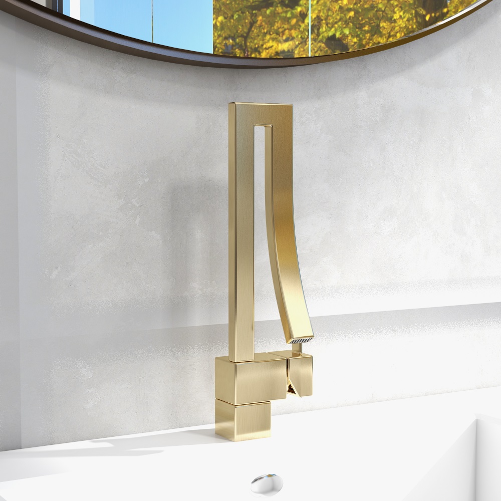 Brushed Gold Waterfall Bathroom Basin Tap Single Hole Single Handle Brass Modern Style