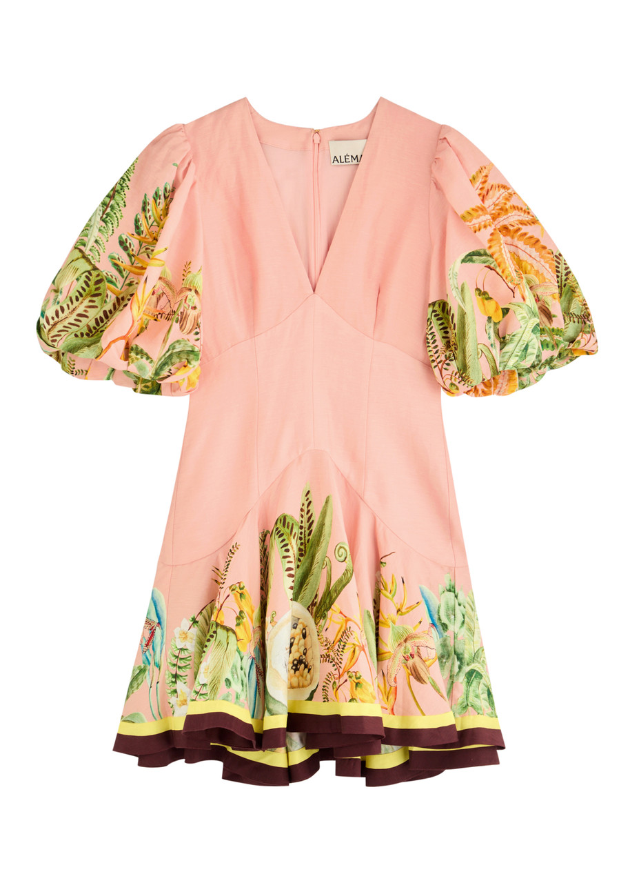 Alemais Papaya Printed Flax-blend Mini Dress