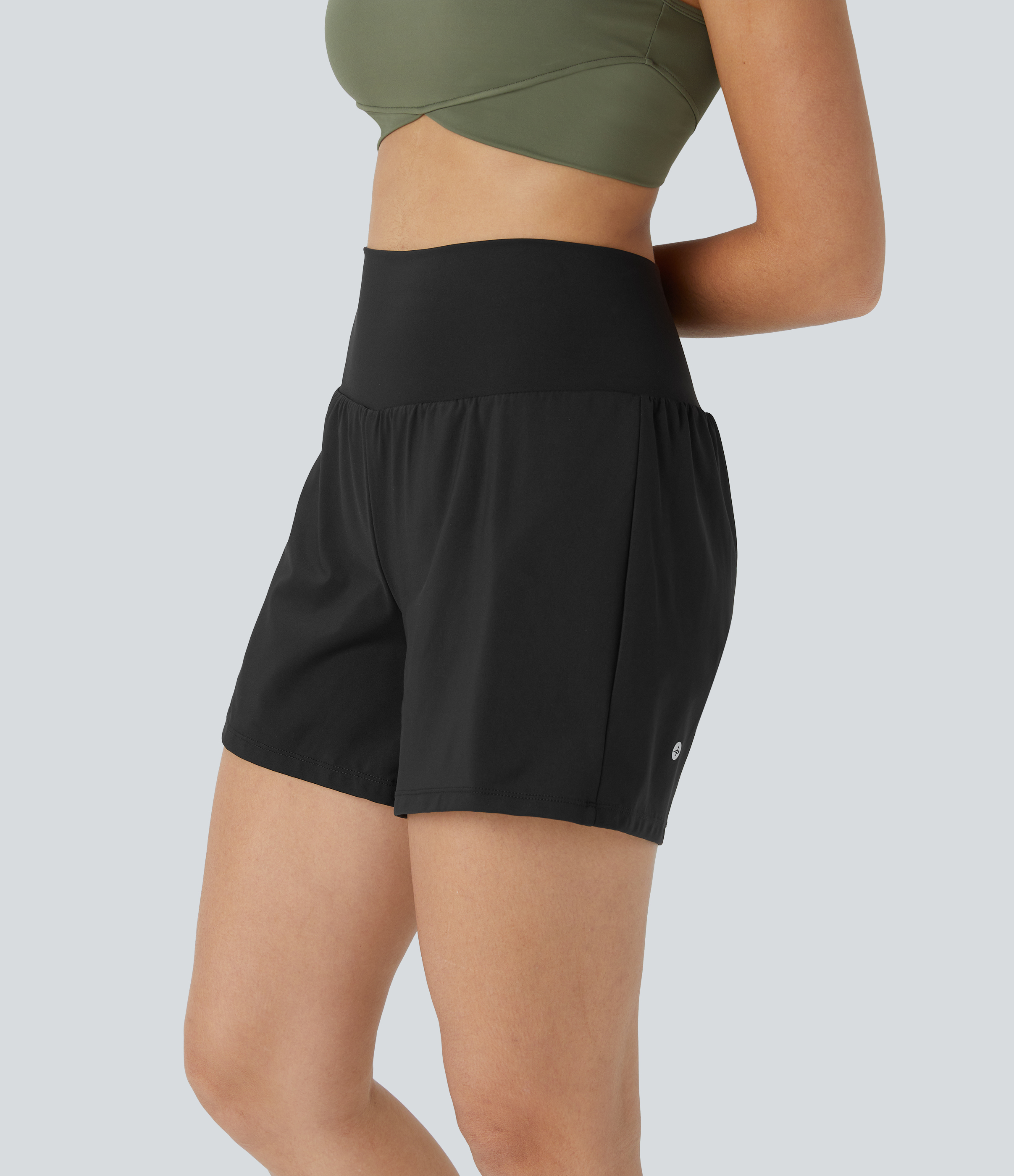 Super High Waisted Pocket & Pocket 2-in-1 Yoga Shorts 5''-Longer Length Gym Short - Black