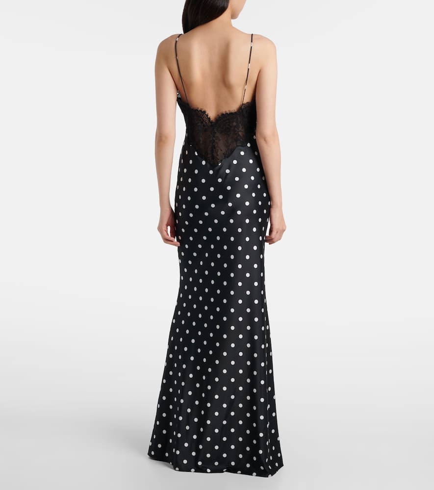 Polka-dot lace-trimmed satin gown