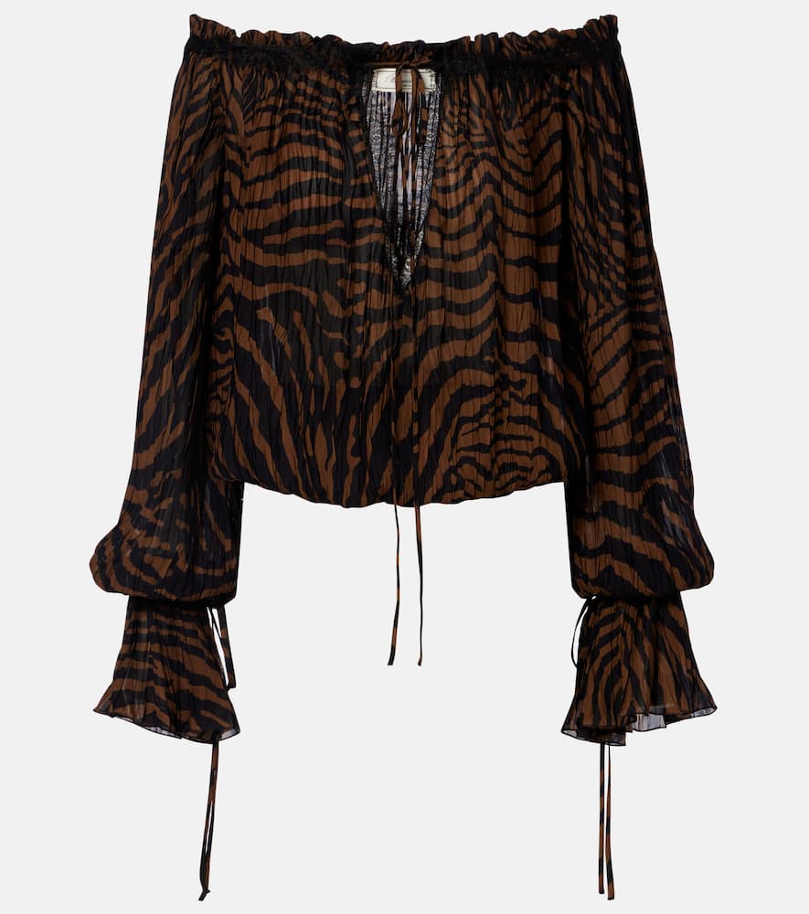 Lace-trimmed zebra-print chiffon top