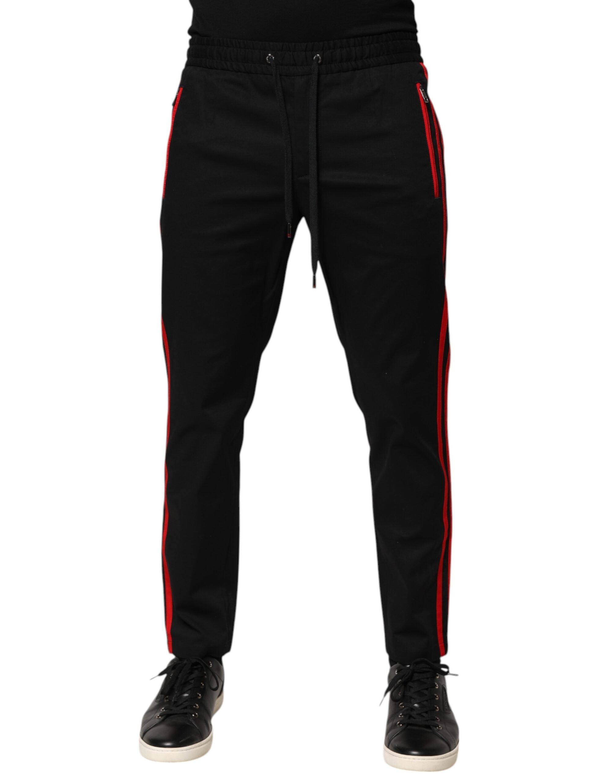 Red-Stripe Cotton Joggers — Black