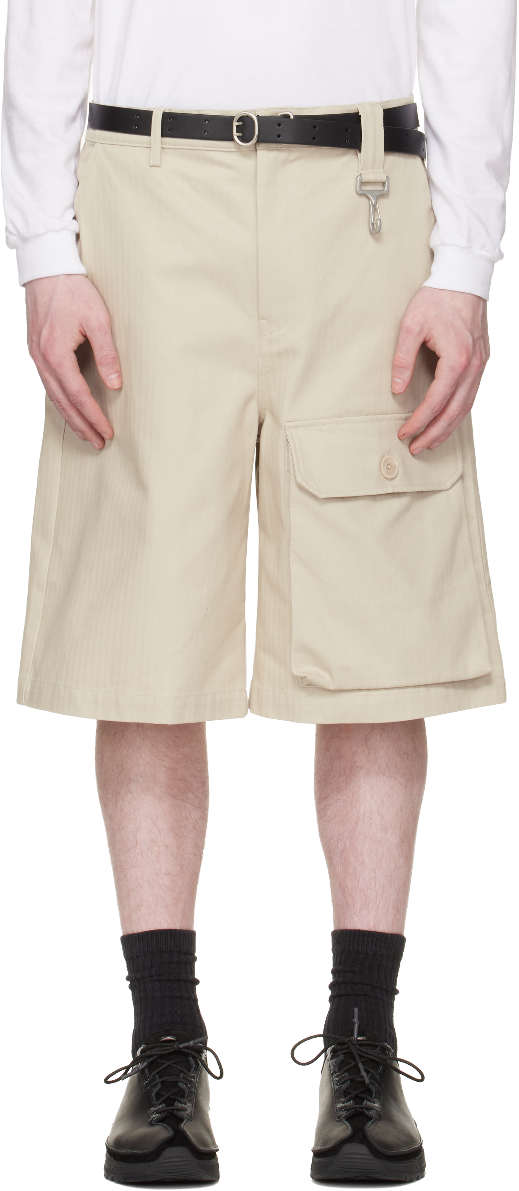 Beige Cotton Herringbone Patch Pocket Shorts