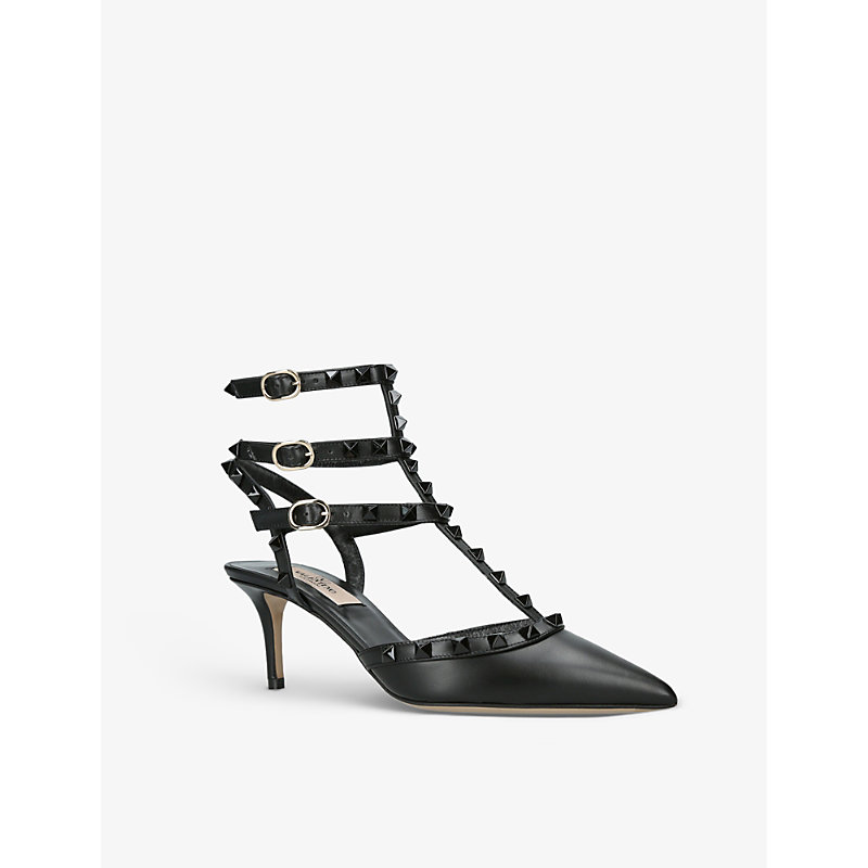 Womens Black Rockstud Stud-embellished Leather Heeled Courts