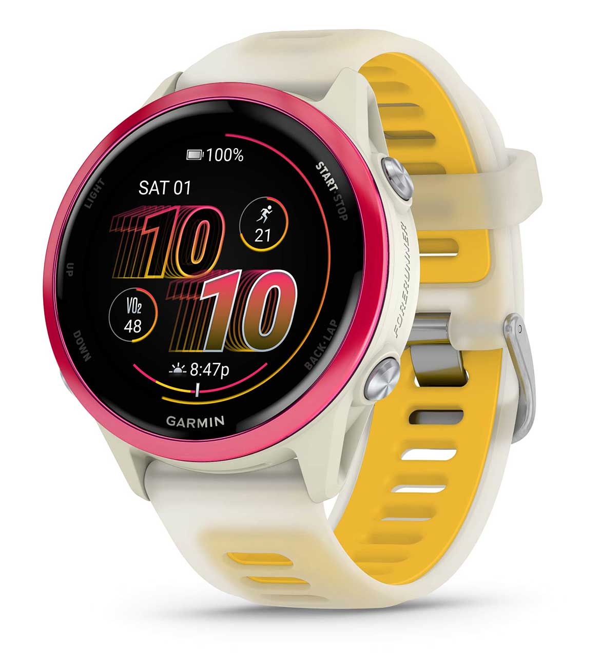 Forerunner 570 Smartwatch 42mm Raspberry Aluminum Case with Translucent Bone/Mango Band
