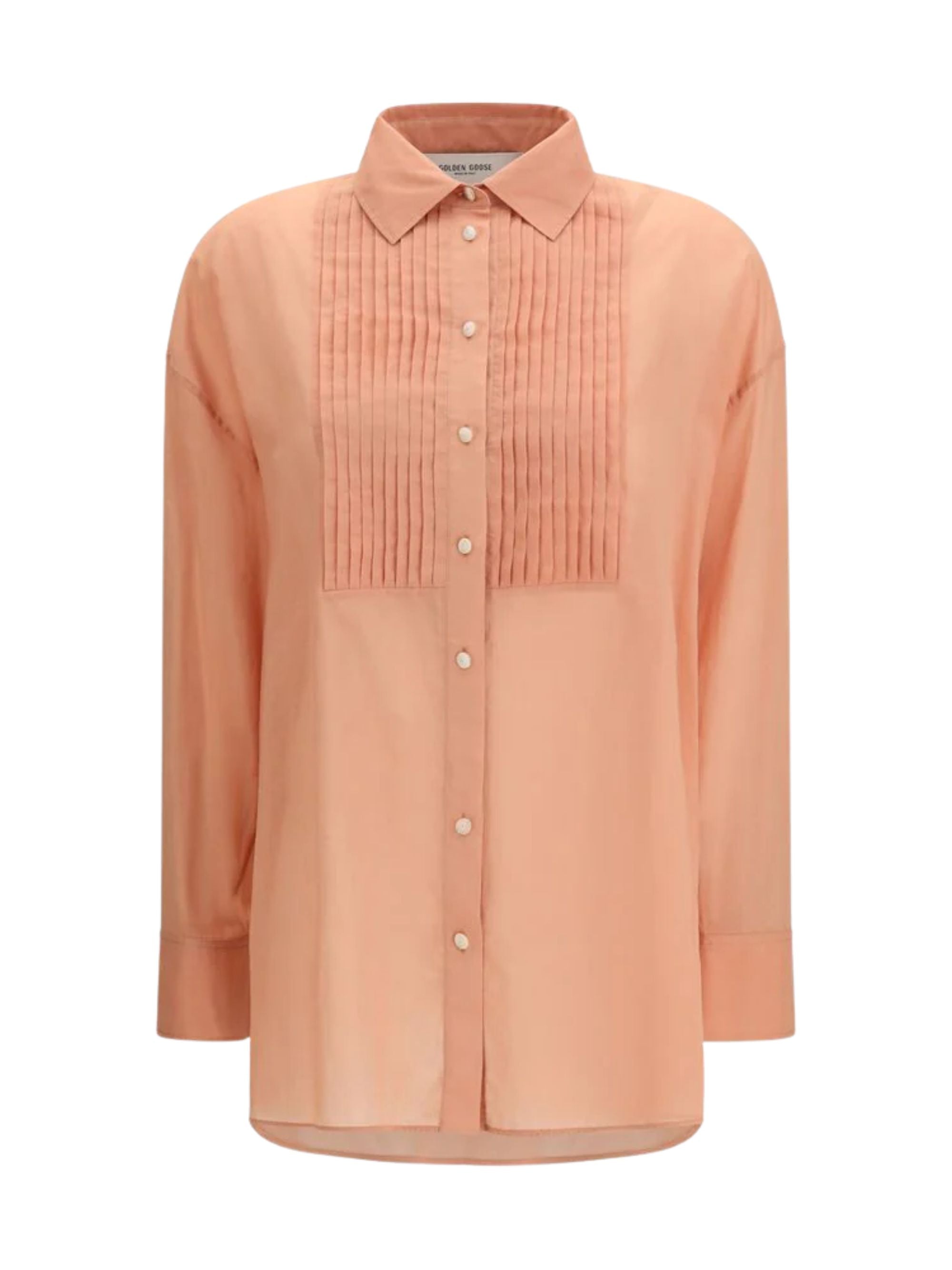 Button-Up Cotton Shirt with Semi-Sheer Bib - Women's Size