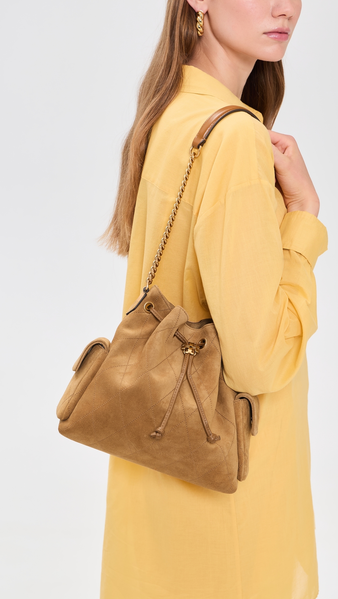 Charlie Quilted Suede Drawstring Shoulder Bag Toffee One Size