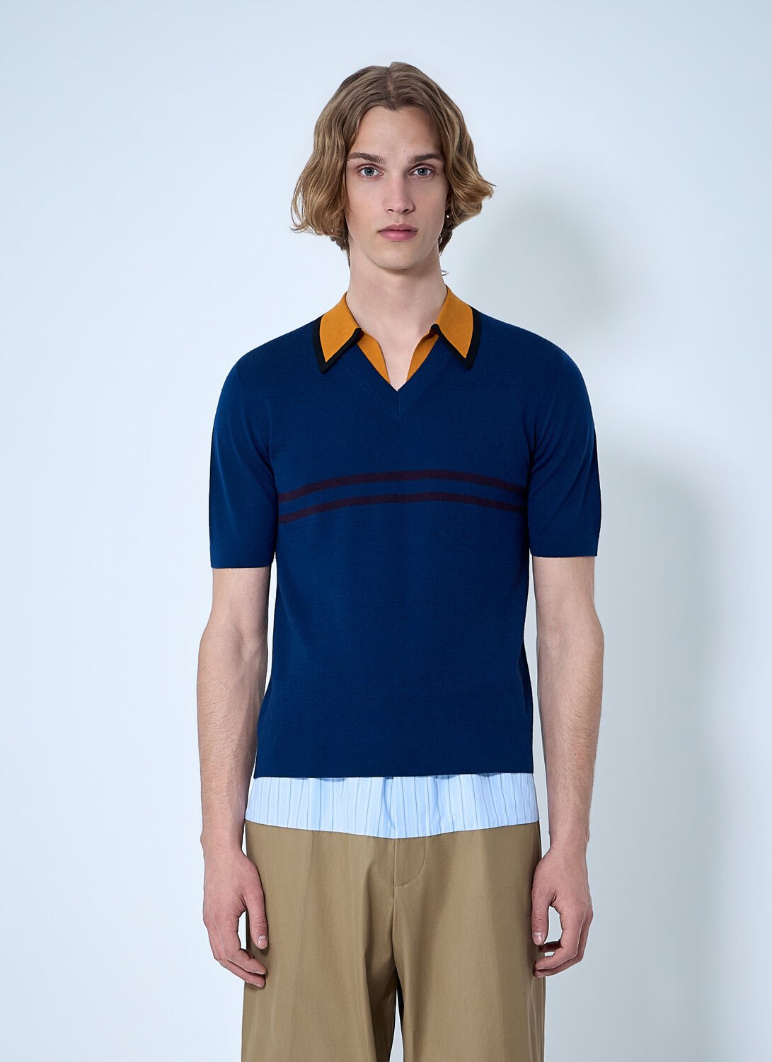 V-neck Contrast Collar Knit Polo Shirt
