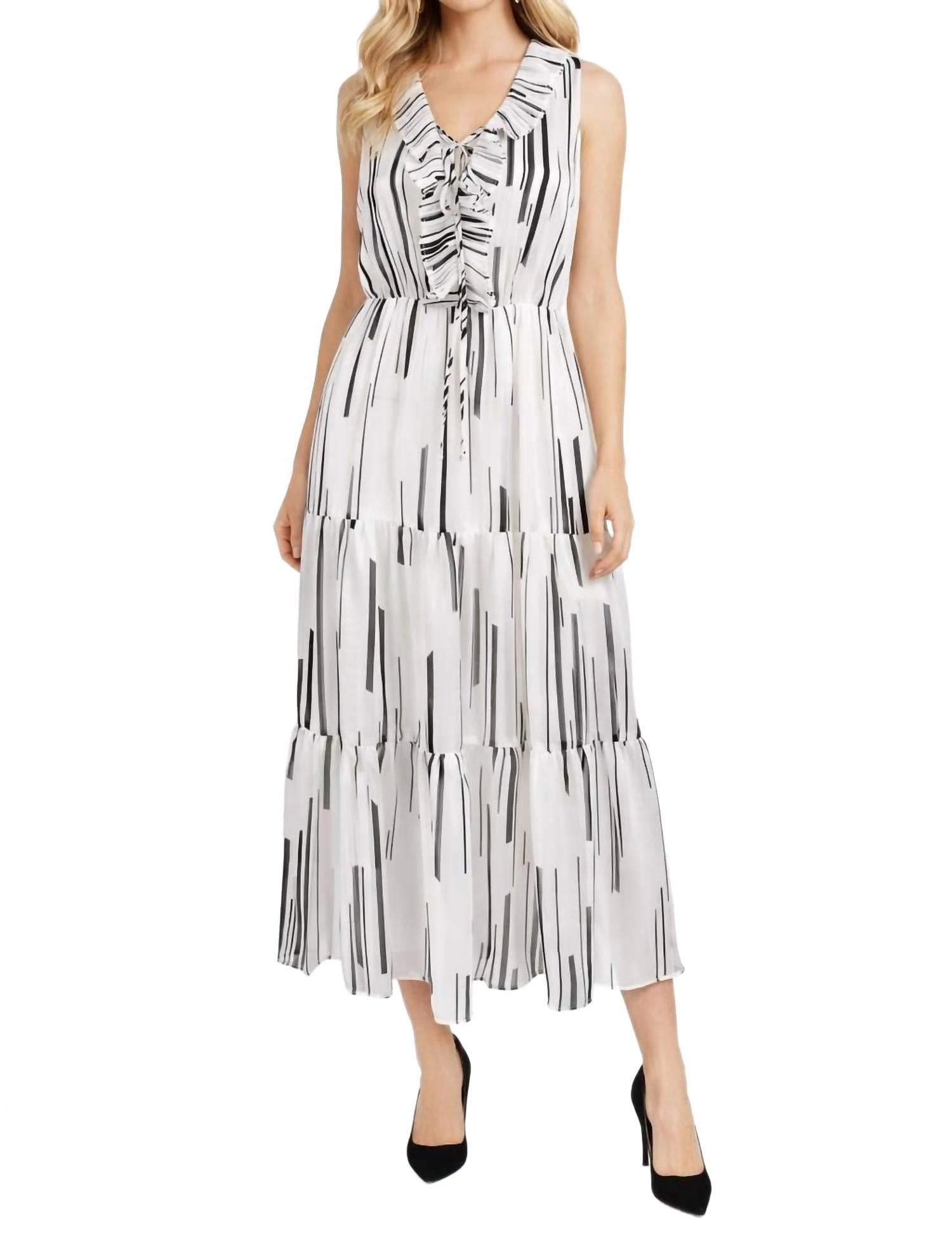 Sleeveless Ribbon Tie V-Neck Dress In Ivory/black